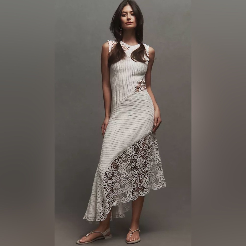 Anthropologie White Asymmetrical Lace Knit Midi Dress
